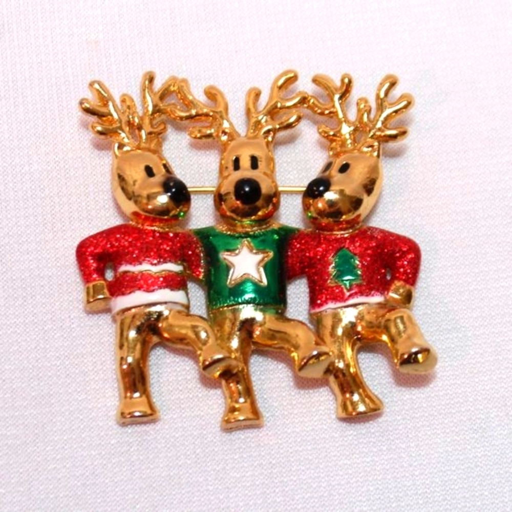 VINTAGE SIGNED "AJC" CHRISTMAS ORIGINAL UGLY SWEATER DANCING REINDEER BROOCH
